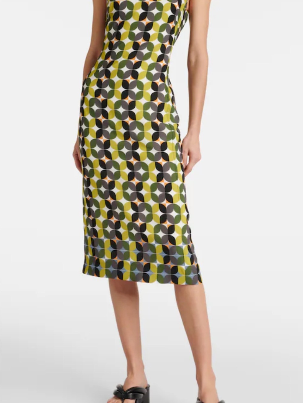 Dries Van Noten Geo-Print Midi Dress in Olive, Black & Cream